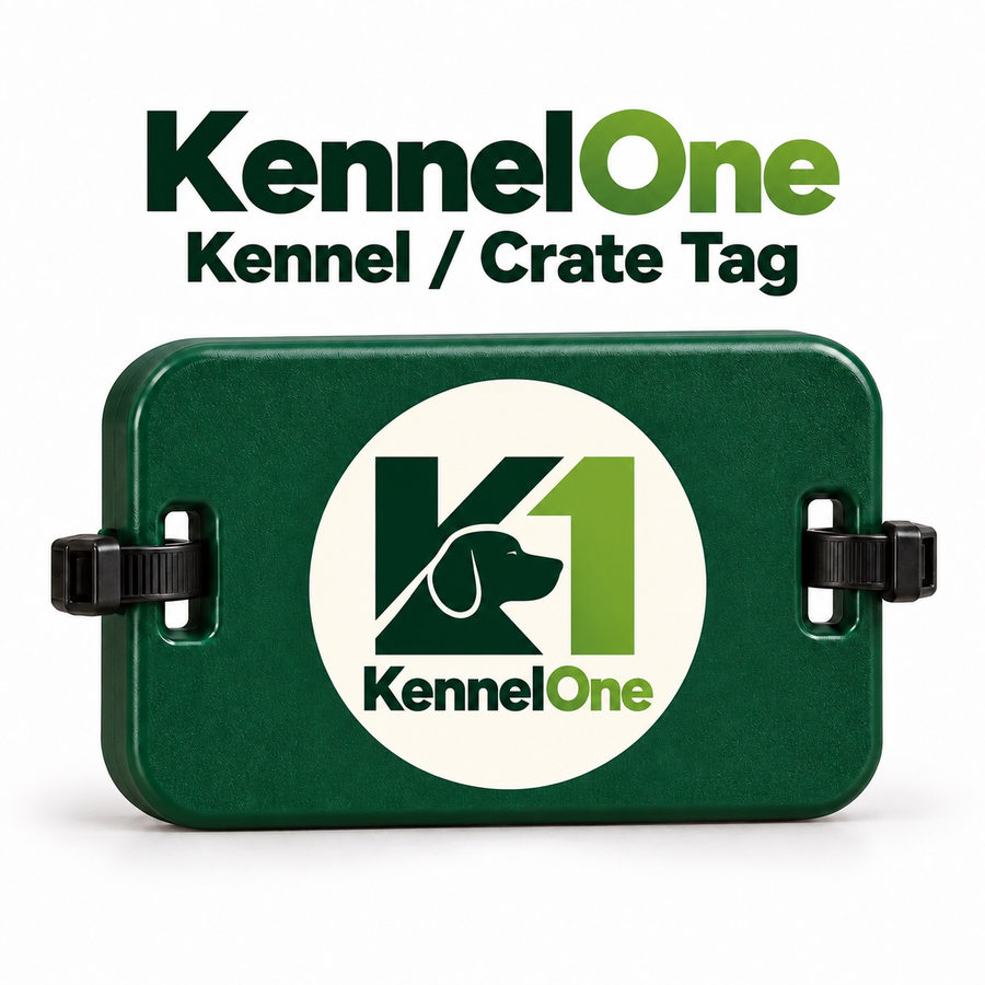 Green Kennel One Kennel/Crate Tag with K1 logo and mounting straps