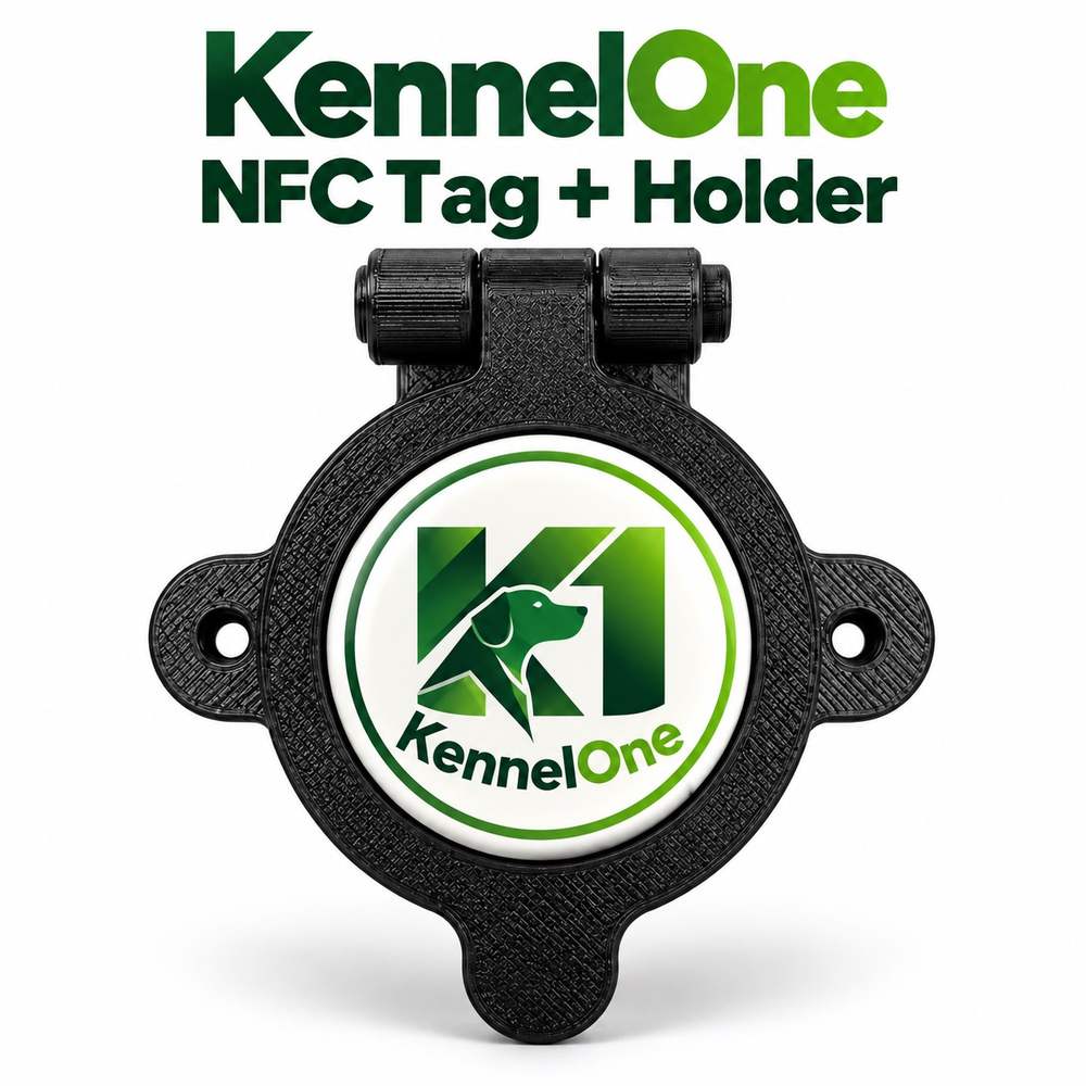 Kennel One NFC tag and black hinged kennel holder with mounting tabs